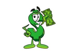 Image of company mascot, dollar sign with face holding money
