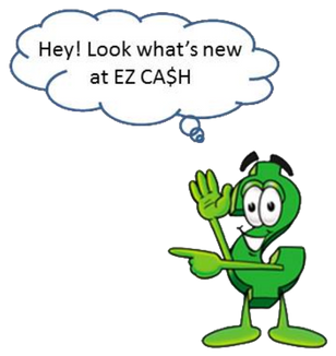 Photo of mascot with text bubble 'Hey! Look what's new at EZ CASH'