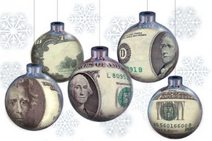 Graphic of Holiday ornaments with money on them