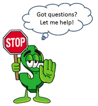 Mascot holding stop sign with text bubble 'Got Questions? Let me help!'