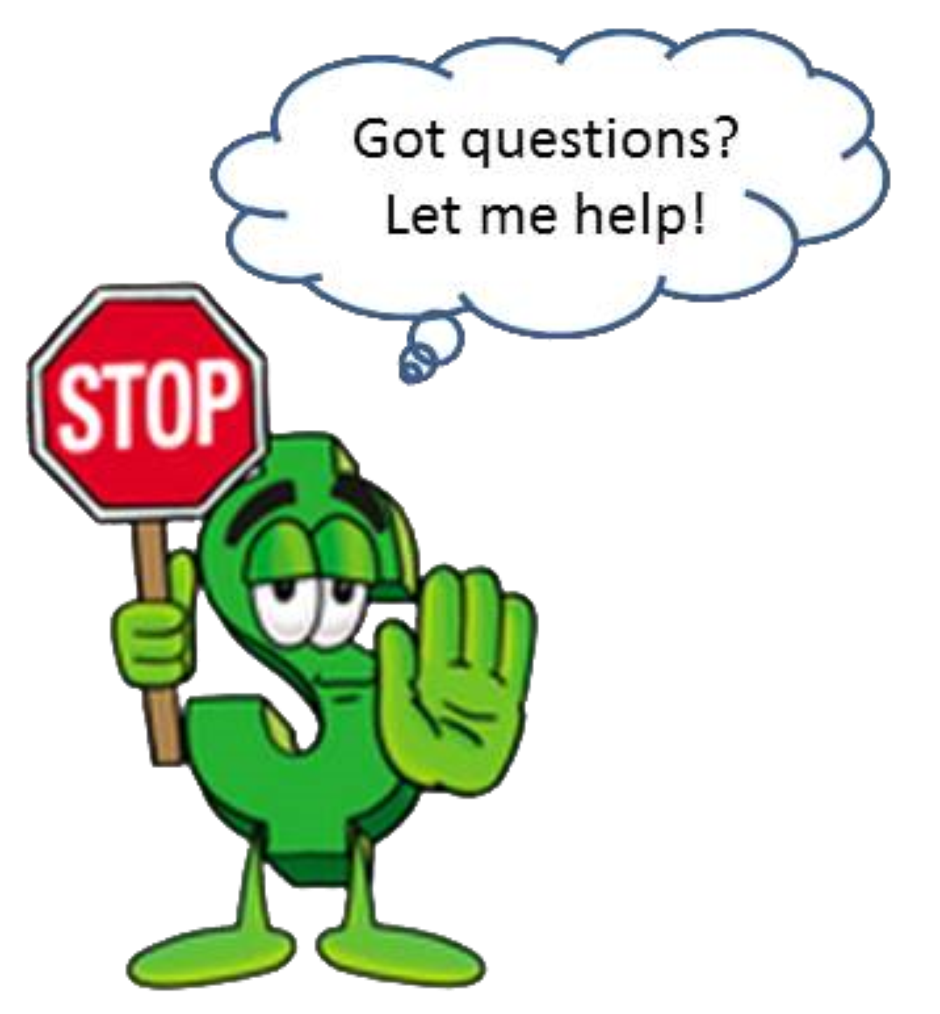 Mascot holding stop sign with text bubble 'Got Questions? Let me help!'
