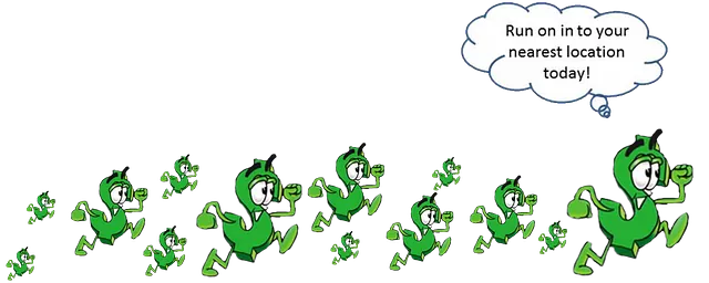 Photo of multiple mascots running with text: Run on in to your nearest location today!